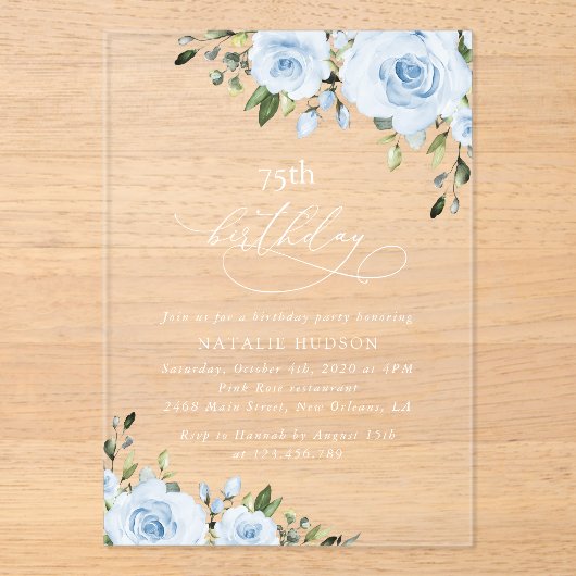 Dusty Blue Flowers, Greenery, Boho, Birthday アクリル招待状 (正面)