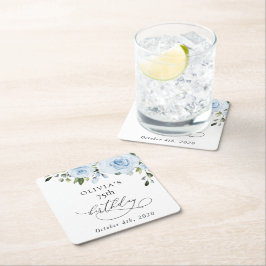 Dusty Blue Flowers, Greenery, Boho, Birthday スクエアペーパーコースター