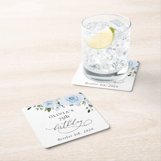 Dusty Blue Flowers, Greenery, Boho, Birthday スクエアペーパーコースター (インサイチュ)