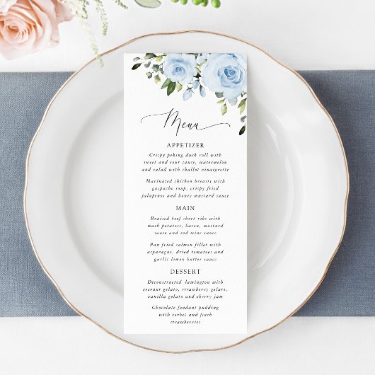 Dusty Blue Flowers, Greenery, Bridal Shower Menu メニュー