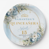 Dusty Blue Flowers Greenery Gold Quince Plates ペーパープレート (正面)
