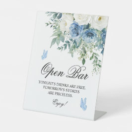 Dusty Blue Flowers Open Bar Sign 台座サイン