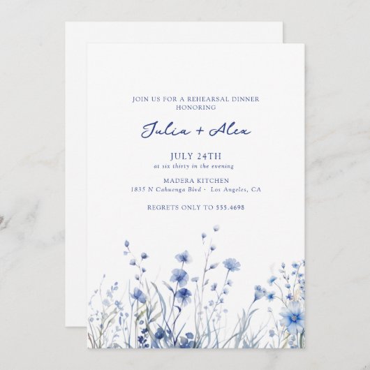 Dusty Blue Flowers | Rehearsal Dinner 招待状 (正面/裏面)