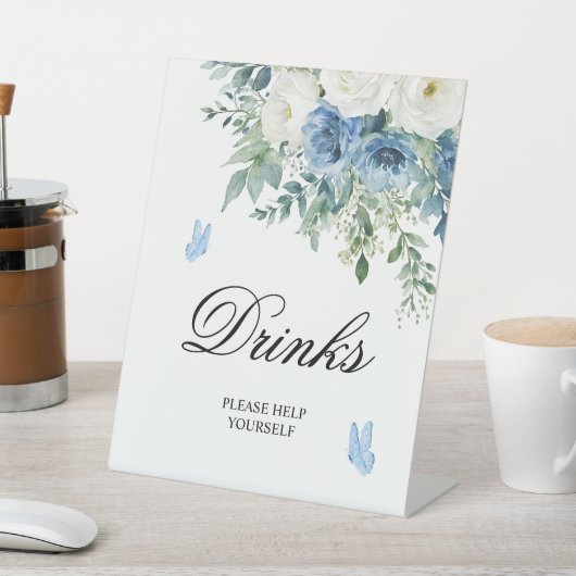Dusty Blue Flowers Shower Drinks Sign 台座サイン (インサイチュ)