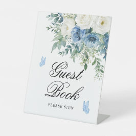 Dusty Blue Flowers Shower Guest Book Sign 台座サイン