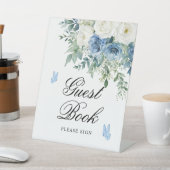 Dusty Blue Flowers Shower Guest Book Sign 台座サイン (インサイチュ)