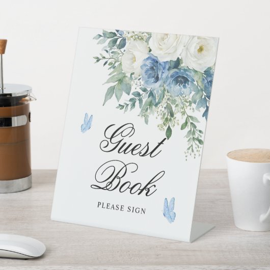 Dusty Blue Flowers Shower Guest Book Sign 台座サイン (インサイチュ)