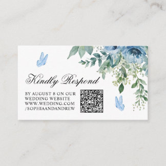 Dusty Blue Flowers Wedding QR Code RSVP エンクロージャーカード