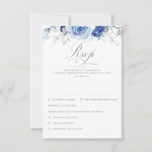 Dusty Blue Flowers Wedding RSVP (正面)