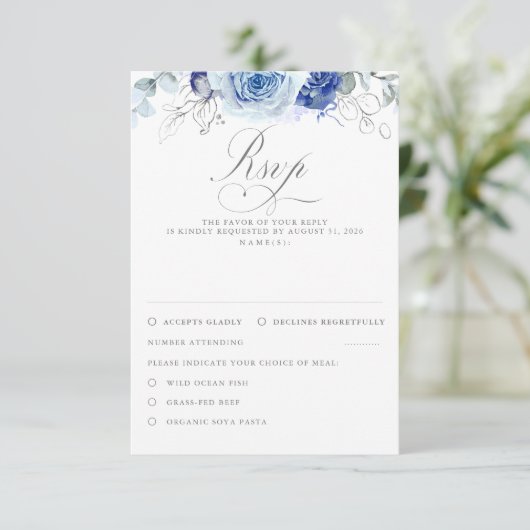 Dusty Blue Flowers Wedding RSVP (スタンド正面)