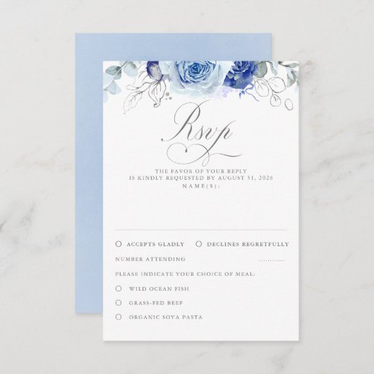 Dusty Blue Flowers Wedding RSVP (正面/裏面)