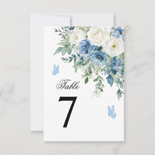 Dusty Blue Flowers Wedding Table Number 招待状 (正面)
