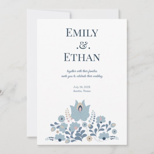 Dusty Blue Folk Floral Wedding Invitation 招待状 (正面)