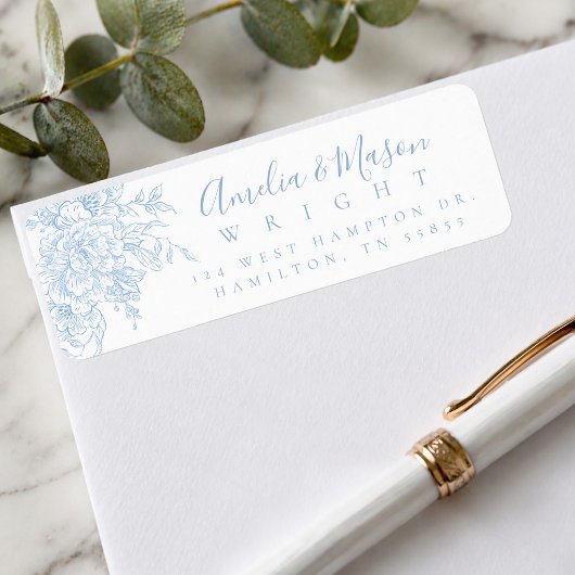 Dusty Blue French Floral Script Wedding Address  ラベル