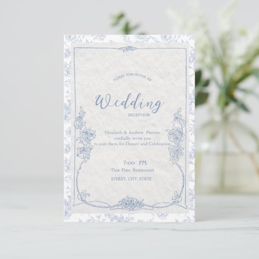  Dusty Blue French Floral Toile Wedding 招待状 (スタンド正面)