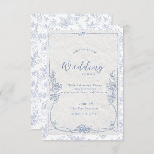  Dusty Blue French Floral Toile Wedding 招待状 (正面/裏面)