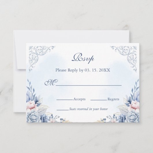 Dusty Blue French Garden Floral Wedding RSVP (正面)