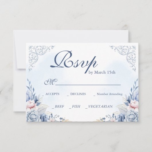 Dusty Blue French Garden Floral Wedding RSVP (正面)