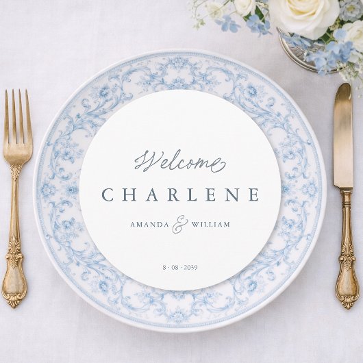 Dusty Blue French Round Wedding Menu Card メニュー
