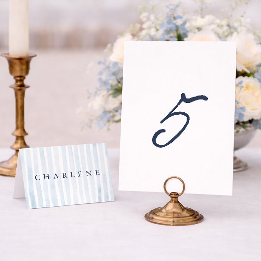 Dusty Blue French Stripe Wedding Table Number 5 招待状