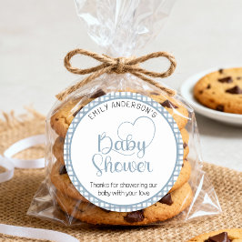 Dusty Blue Gingham Baby Shower Favor Sticker ラウンドシール