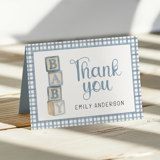 Dusty Blue Gingham Baby Thank You Card | Blocks サンキューカード