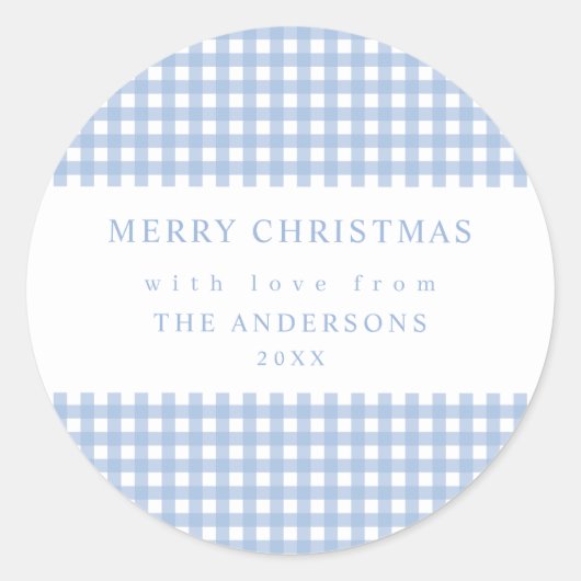 Dusty Blue Gingham Christmas ラウンドシール (正面)