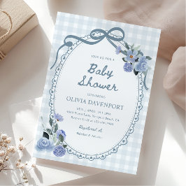 Dusty Blue Gingham Floral Vintage Boy Baby Shower 招待状