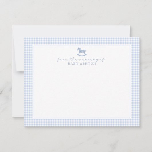 Dusty Blue Gingham Rocking Horse  Boy nursery card 案内状 (正面)
