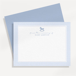 Dusty Blue Gingham Rocking Horse Boy nursery card 案内状
