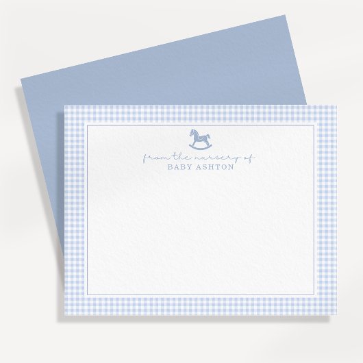 Dusty Blue Gingham Rocking Horse  Boy nursery card 案内状