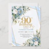 Dusty blue gold botanicals frame 90th birthday  招待状 (正面)