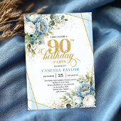Dusty blue gold botanicals frame 90th birthday  招待状