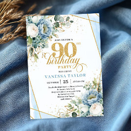 Dusty blue gold botanicals frame 90th birthday  招待状