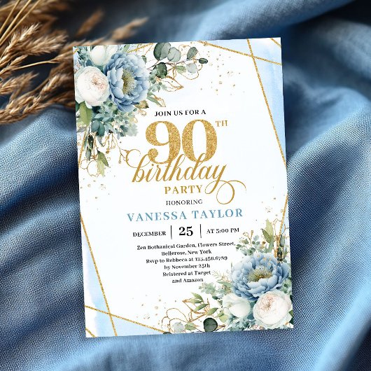 Dusty blue gold botanicals frame 90th birthday  招待状