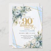 Dusty blue gold elegant florals 90th birthday card 招待状 (正面)