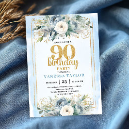 Dusty Blue Gold Frame Modern 90th Birthday Invite 招待状