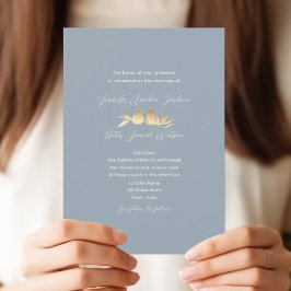 Dusty Blue Gold Lovebirds Wedding 招待状
