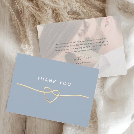Dusty Blue Gold Photo Wedding Thank You Card サンキューカード