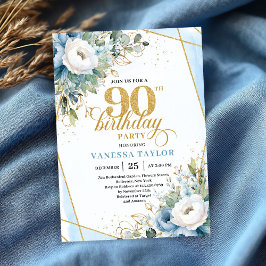 Dusty blue gold script frame modern 90th birthday  招待状
