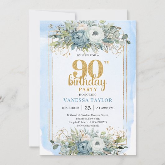 Dusty Blue Gold Sparkle Elegant 90th Birthday  招待状 (正面)