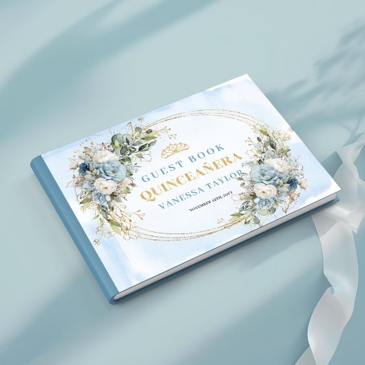 Dusty Blue Gold Tiara Quinceañera Sign‑In Book ゲストブック