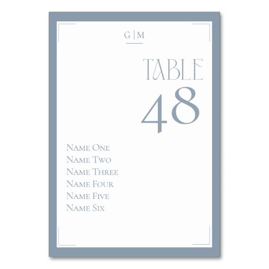 Dusty Blue Gray Monogram Guest Names Modern テーブルナンバー (裏面)