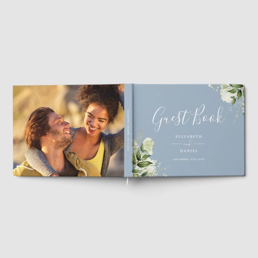 Dusty Blue Greenery Floral Photo Wedding ゲストブック (全面)