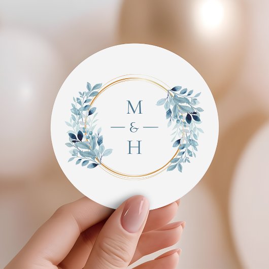 Dusty Blue Greenery Modern Monogram Wedding ラウンドシール