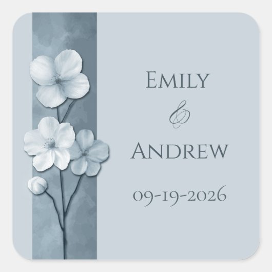 Dusty Blue Hand Drawn Floral Botanical Wedding スクエアシール (正面)