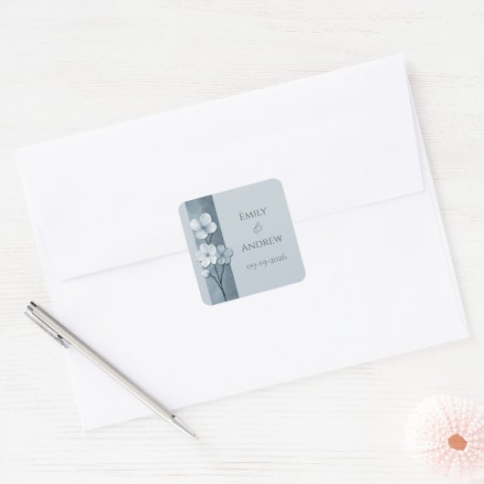 Dusty Blue Hand Drawn Floral Botanical Wedding スクエアシール (封筒)