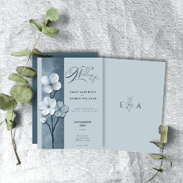 Dusty Blue Hand Drawn Floral Botanical Wedding 招待状