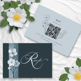 Dusty Blue Hand Drawn Floral QR Code RSVP