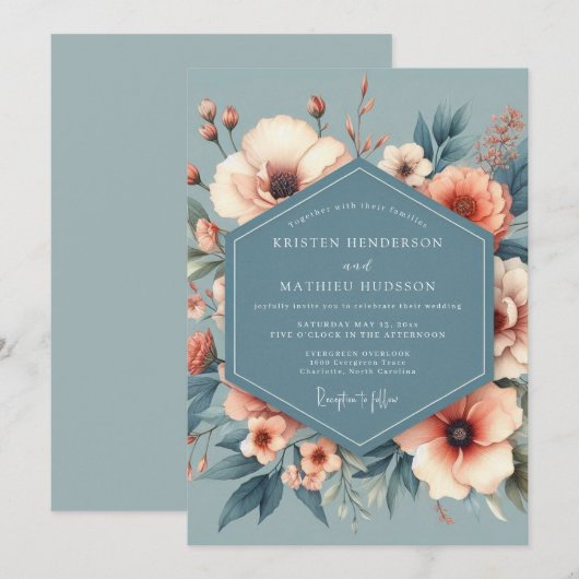 Dusty Blue Heirloom Bloom Wedding 招待状 (正面/裏面)